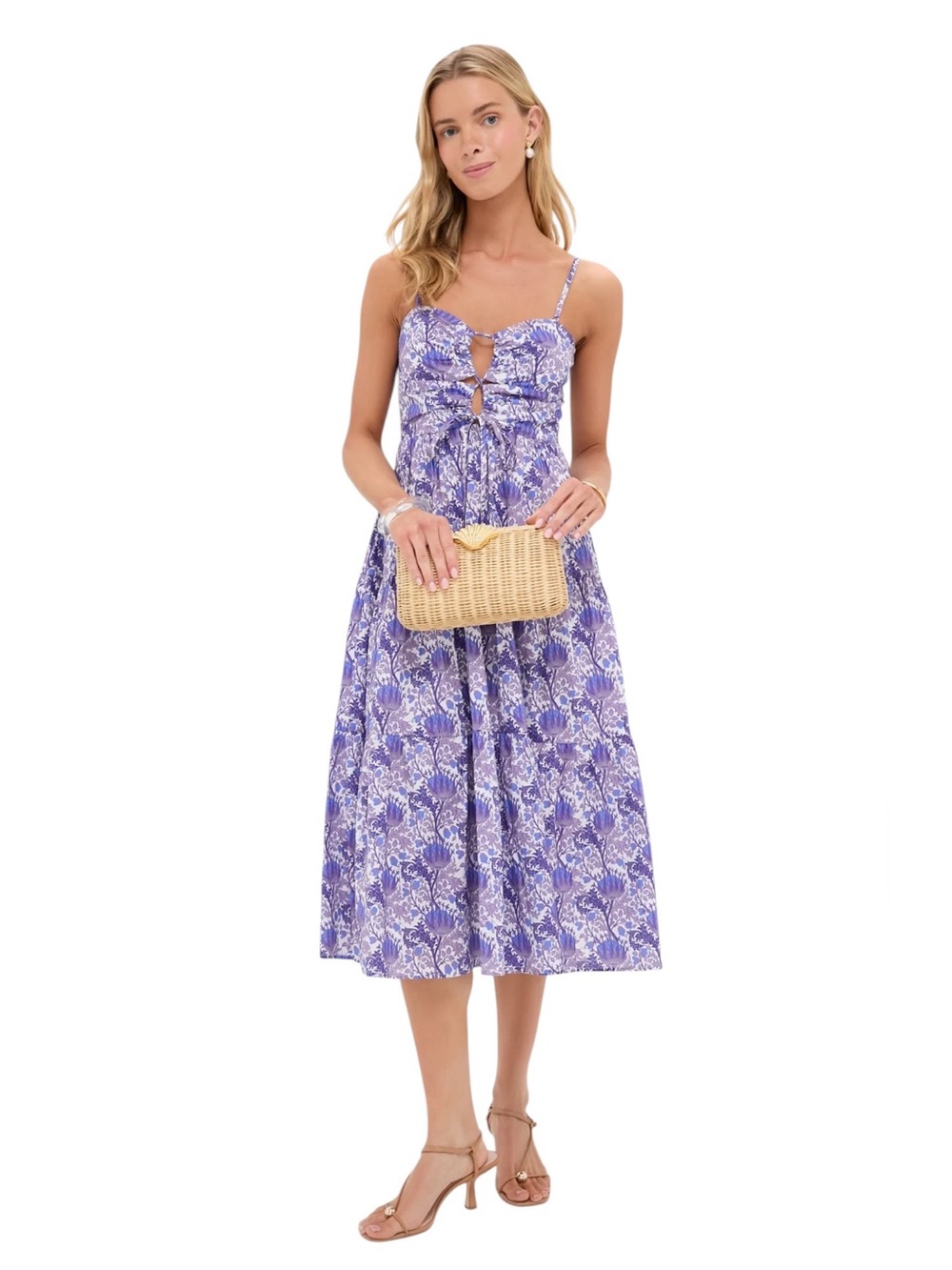 Purple Floral Midi Dress with Tie-Front Detail